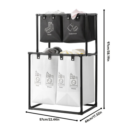 2 Compartment Laundry Hamper (No Wheels) - 2 Tier Laundry Sorter With Handles - Sturdy Metal Frame & Breathable Mesh Bags - Space Saving Clothes Organizer For Home, Apartment, Add 10 Cable Ties For Securing, Laundry Baskets