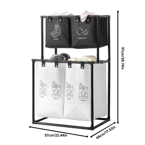 2 Compartment Laundry Hamper (No Wheels) - 2 Tier Laundry Sorter With Handles - Sturdy Metal Frame & Breathable Mesh Bags - Space Saving Clothes Organizer For Home, Apartment, Add 10 Cable Ties For Securing, Laundry Baskets