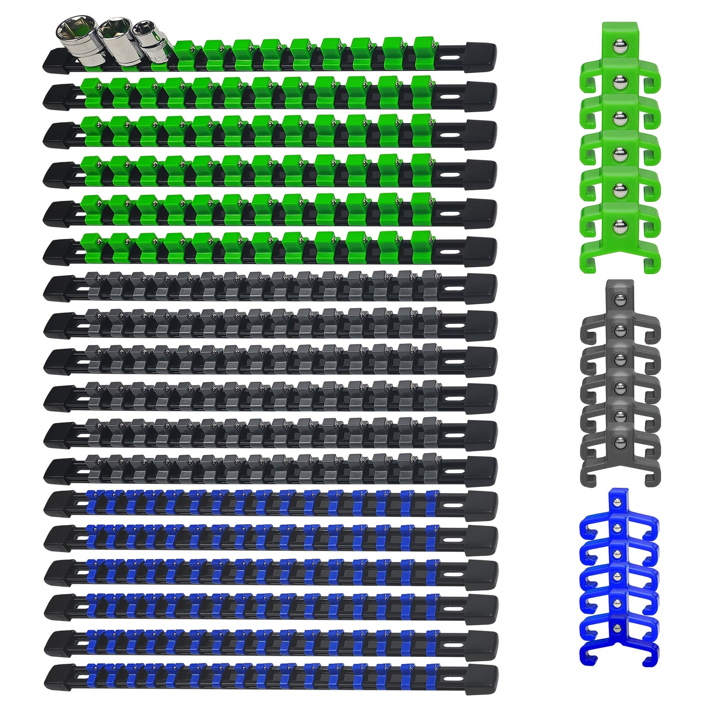 6/9/18pcs Socket Organizer Drive ABS Tools-Socket Holder, Heavy Duty Socket Rack, Premium Quality Holders Kit 1/4-Inch3/8-Inch And 1/2-Inch Rails