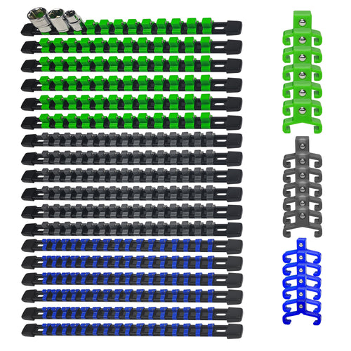 6/9/18pcs Socket Organizer Drive ABS Tools-Socket Holder, Heavy Duty Socket Rack, Premium Quality Holders Kit 1/4-Inch3/8-Inch And 1/2-Inch Rails