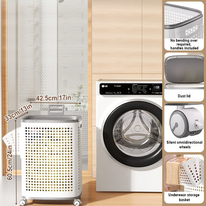 Large Rolling Laundry Basket with Lid And Wheels - Foldable Ventilated Plastic Storage Bin with Lockable Casters, Inner Small Basket for Underwear, Space-Saving Multi-Purpose Organizer for Clothes, Bathroom And Laundry Room, Laundry Baskets
