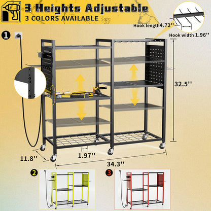 Geawokyie Power Tool Organizer Featuring a Charging Station, a Mobile Tool Cart Equipped with 12 Drill Holders, 5 Storage Shelves, And a Utility Rack Toolbox That Includes a Battery Charging Power Strip, Suitable for Garages, Workshops, And More