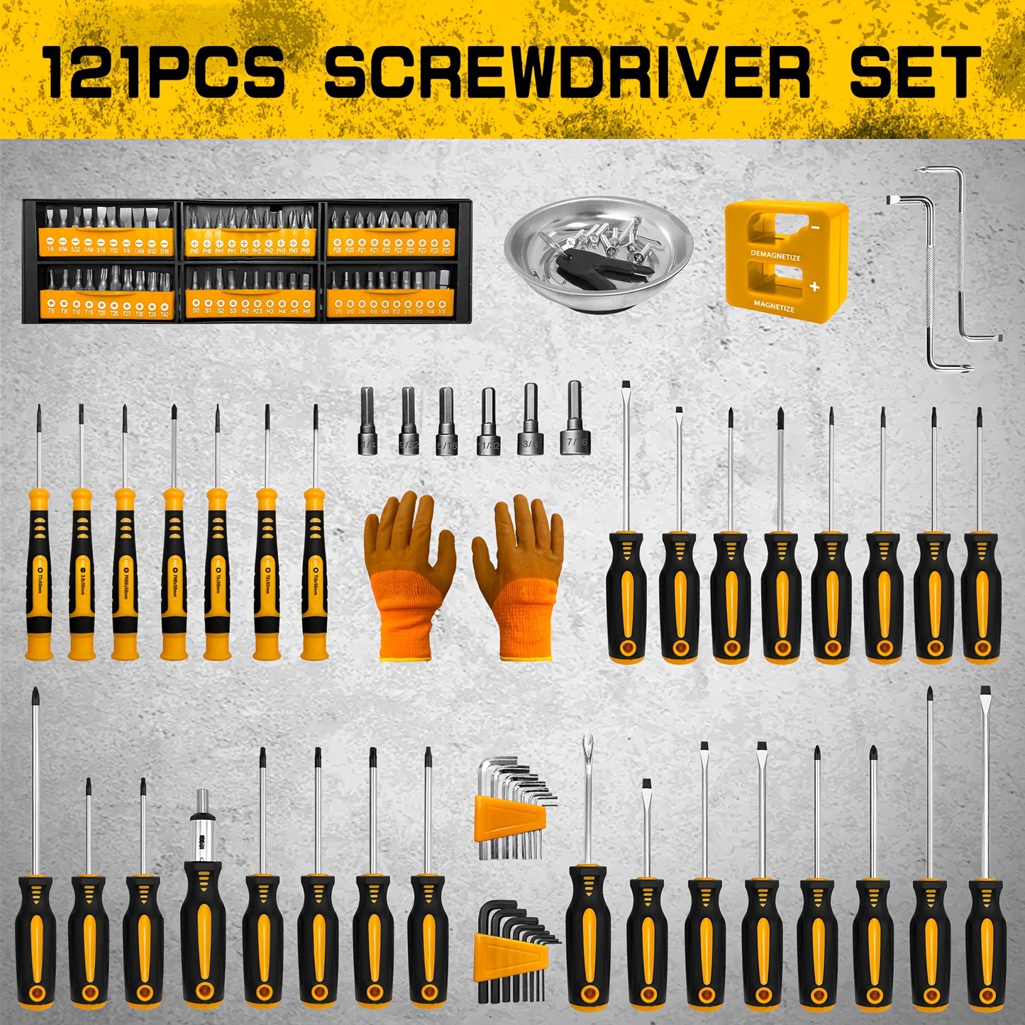Magnetic Screwdriver Set 121-Piece – Chrome Vanadium Steel, Non-Slip Handle, Multi-Size Bits with Storage Rack, Magnetic Bowl, Gloves & Nail Puller – Complete DIY Tool Kit Gift for Men