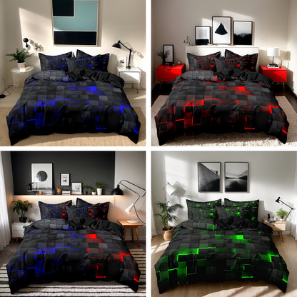 3D Geometric Cube Design Quilt Cover Set | 3-Piece Polyester Bedding | Black & Blue Grid Print | All-Season Soft Cover | 1 Duvet Cover + 2 Pillowcases | Machine Washable