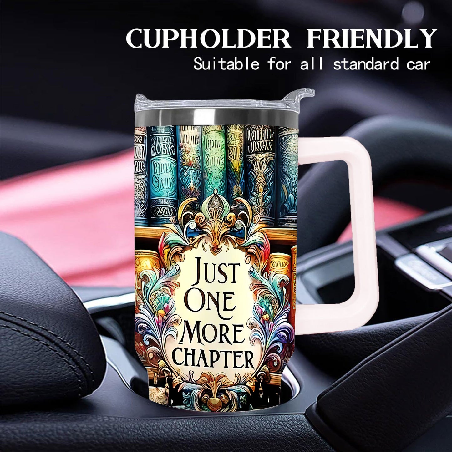 1pc 40oz Vibrant Bookshelf Art Tumbler, Double Wall Vacuum Insulated Travel Mug, Spill Proof Lid, Gift for Dad, Mom, Ideal for Christmas, Father's Day, Birthday Gift, Coffee Cup