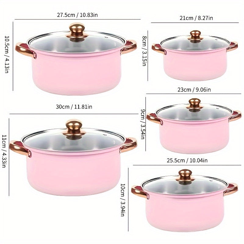 1/10/15pcs Stainless Steel Cookware Set with Golden Handles, Stainless Steel Kitchenware Set, Suitable for Both Induction And Gas Stoves, Designed to Be Deep And Thick, Perfect for Outdoor Camping And Kitchen Cooking, Pink, Silvery, Cute Fashion Pans
