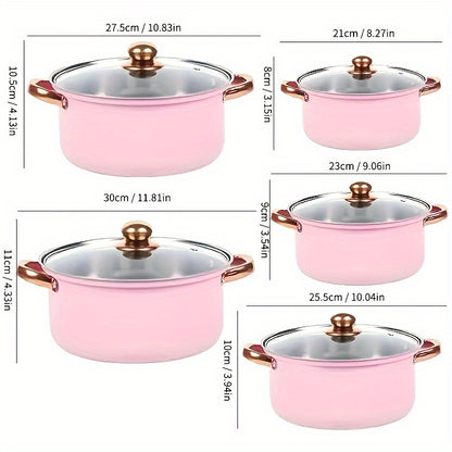 1/10/15pcs Stainless Steel Cookware Set with Golden Handles, Stainless Steel Kitchenware Set, Suitable for Both Induction And Gas Stoves, Designed to Be Deep And Thick, Perfect for Outdoor Camping And Kitchen Cooking, Pink, Silvery, Cute Fashion Pans