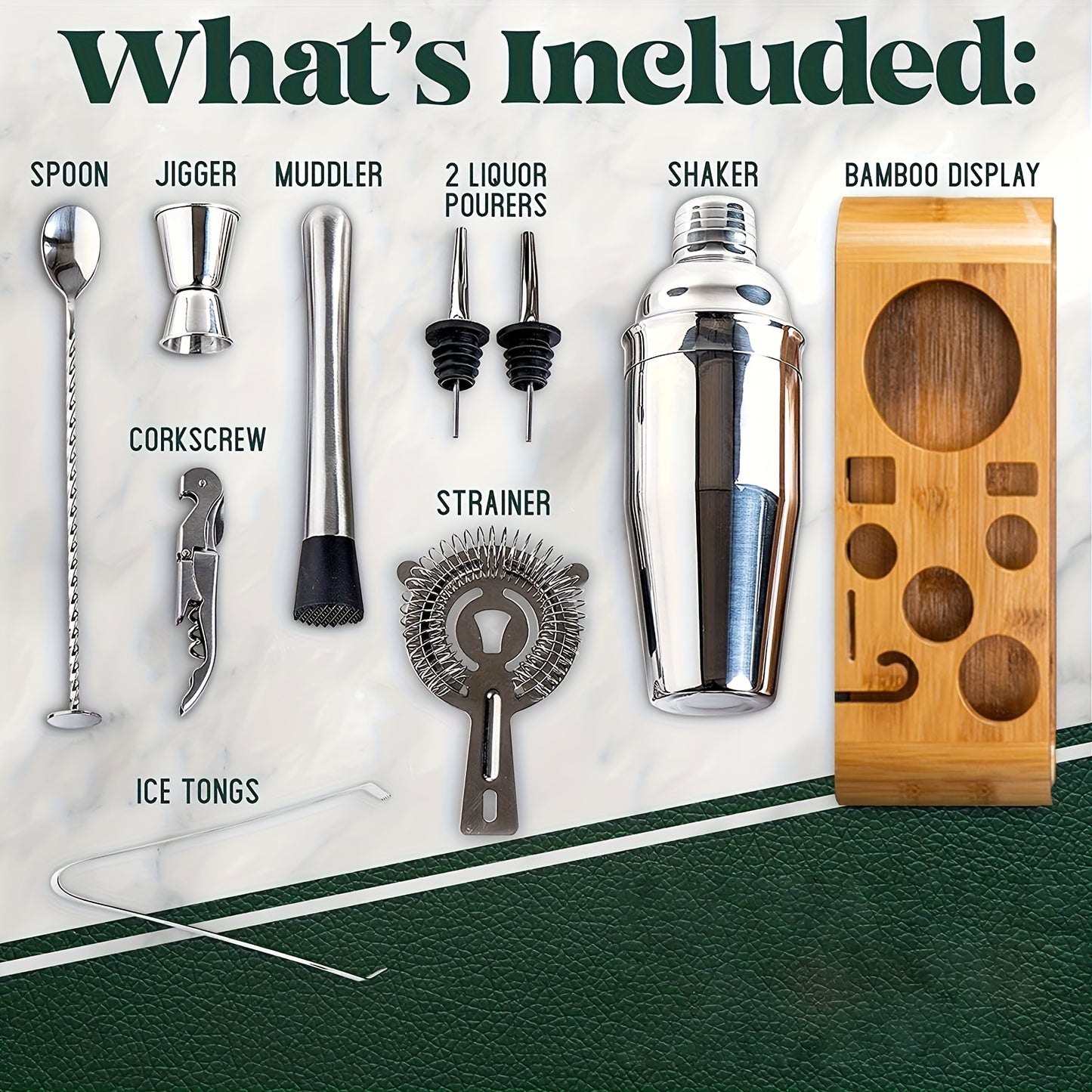 Bartender Set 10-Piece Stainless Steel Cocktail Shaker Bar Tool Kit with Bamboo Stand Home Bar Accessories Housewarming Father's Day Gift