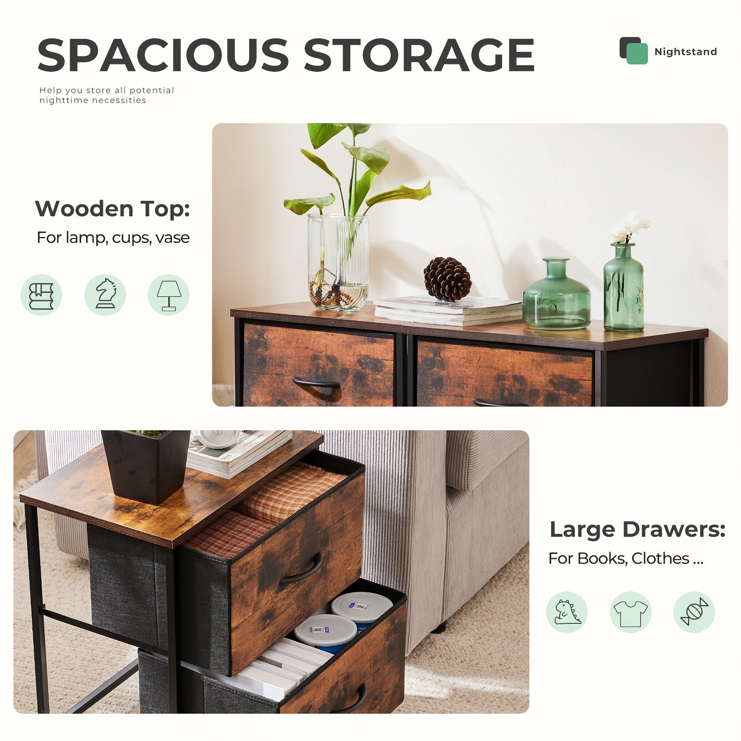 Nightstand with 2 Storage Drawers, 20" Bedside Table with Wooden Top & Fabric Cabinet, Steel Frame Mini Dresser for Bedroom, Dorm, Living Room – 1pc or Set of 2pcs, Black White Grey Rustic Brown