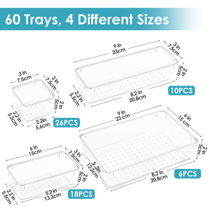 Clear Drawer Organizer Set 60pcs Plastic Storage Bins 4 Sizes for Desk Office Home Kitchen