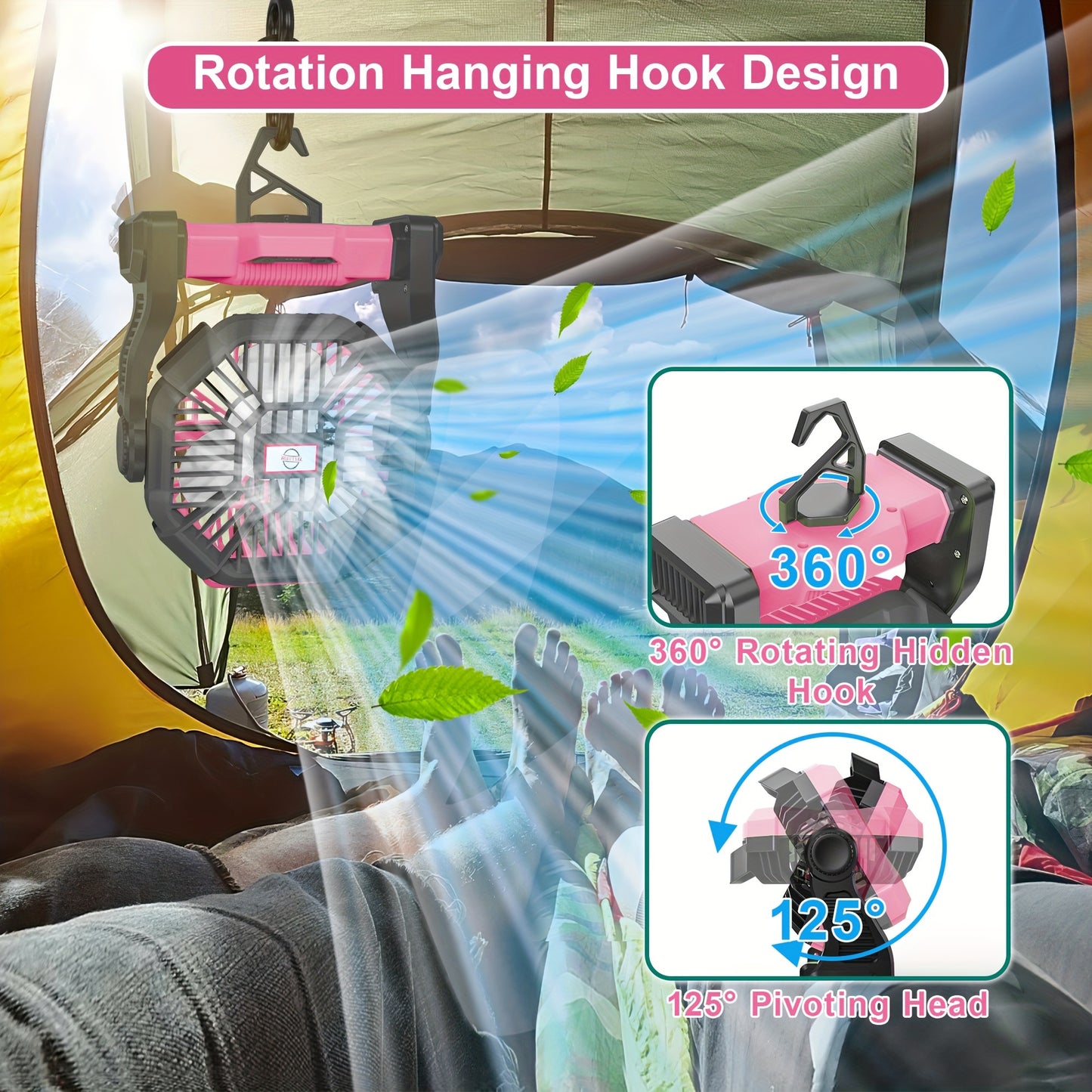 Camping Fan with LED Lantern, 3-in-1 Battery Powered Portable Fan Light for Tent Outdoor, Rechargeable Electric Fan with Timer 360° Rotation, for Camping Hiking Barbecue Travel Emergency