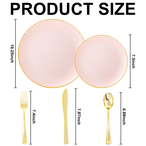 50-Piece Pink Plastic Plate Set - Pink Disposable Plates with Golden Rim - Includes 10 Dinner Plates, 10 Dessert Plates, 30 Golden Utensils, Suitable for New Year, Birthday Parties, Weddings, and Holiday Gatherings