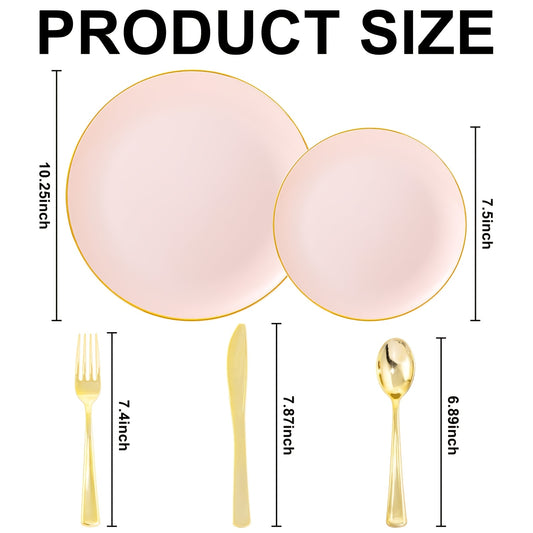 50-Piece Pink Plastic Plate Set - Pink Disposable Plates with Golden Rim - Includes 10 Dinner Plates, 10 Dessert Plates, 30 Golden Utensils, Suitable for New Year, Birthday Parties, Weddings, and Holiday Gatherings