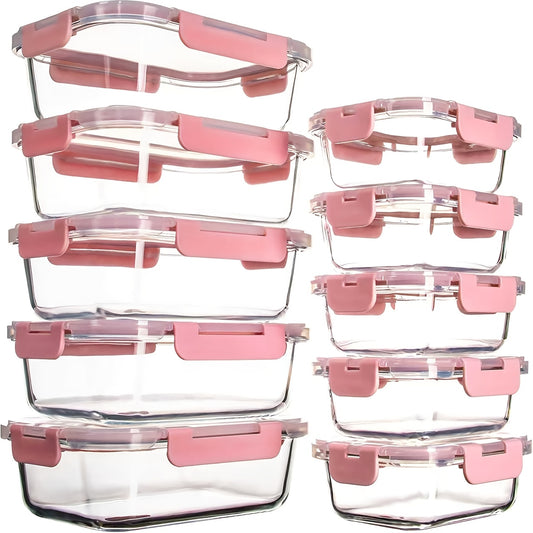 Glass Food Storage Containers with Lids 10PCS Set – Airtight Leak-Proof Meal Prep Containers, Dishwasher & Oven Safe, Lunch & Leftover Storage