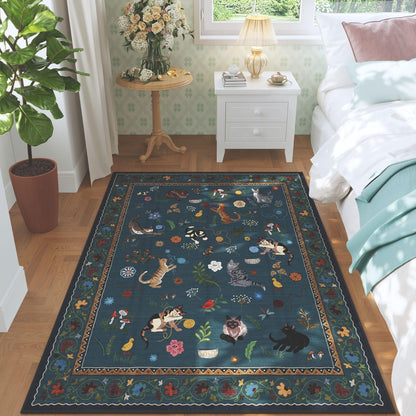 Boho Cat Floral Area Rug – Vintage Blue Animal Print Low Pile Carpet, Non-Slip Soft Rug for Living Room, Bedroom & Dining Room, Round & Runner Sizes, Easy Clean