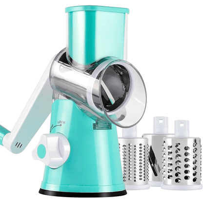 Rotary Cheese Grater – Stainless Steel Hand Crank Shredder with 3 Interchangeable Blades, Non-Slip Suction Base & Cleaning Brush, BPA-Free Vegetable Grater for Cheese, Nuts & Vegetables
