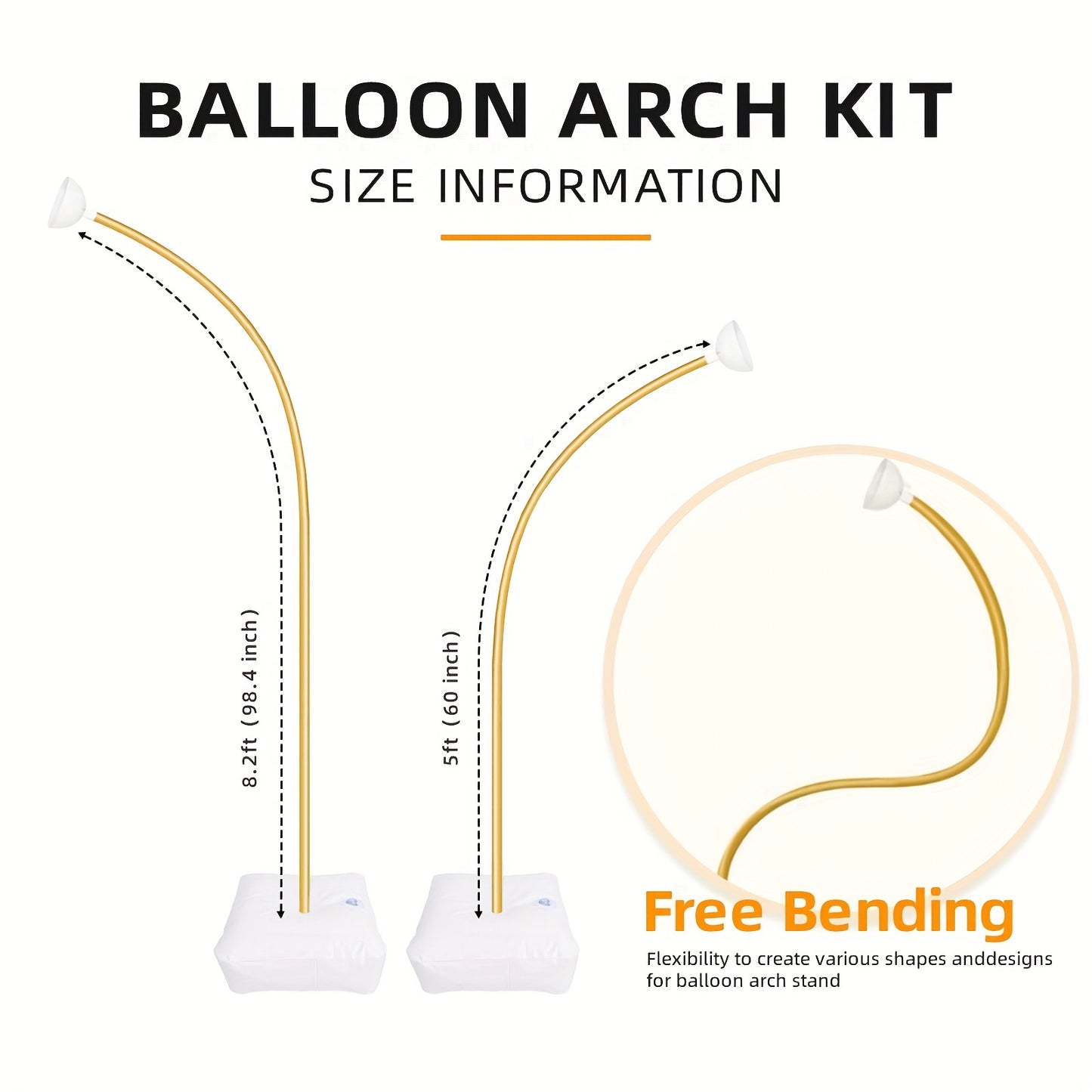 8FT And 5FT Golden Balloon Stand Kit, Free Bending Balloon Arch Column, Half Arch Balloon Stand with Base for Wedding, Birthday, Baby Shower, Graduation, And More