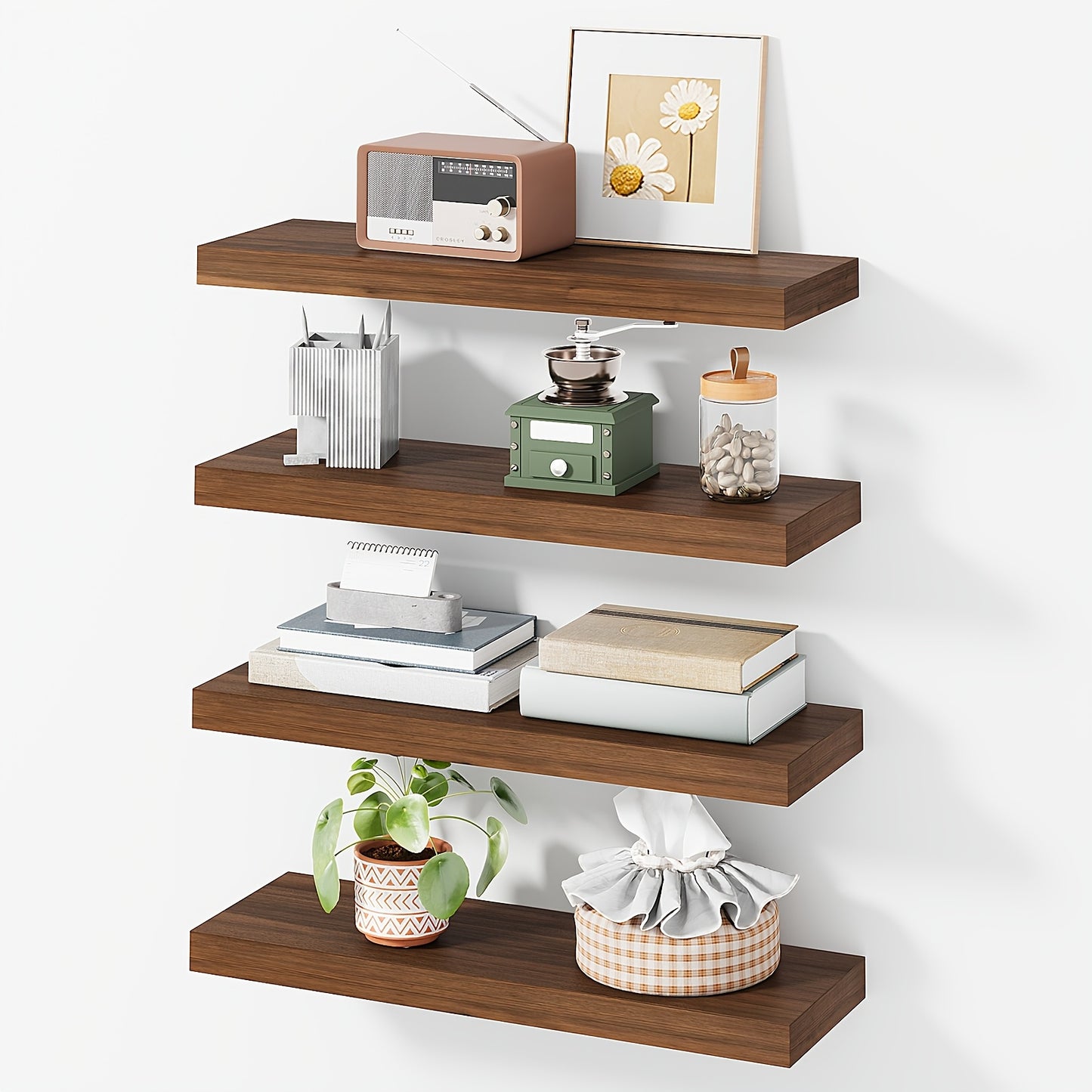 Floating Shelves for Wall 4/8pcs 15.8 Inch, Rustic Wood Wall Shelves with Invisible Brackets, Wall Mounted Display Shelf for Home Decor, Living Room, Bedroom, Bathroom – Walnut, Brown, Black, White, Gray