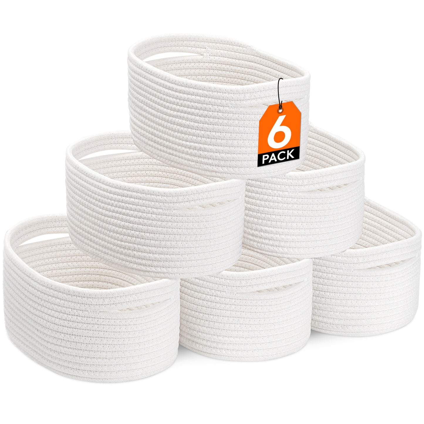 Woven Storage Baskets 6-Pack Cotton Rope Cube Bins 11x7x5" | Handmade Small Shelf Baskets for Organizing Closet Bedroom Living Room Playroom | Round Decorative Storage Caddy Multiple Colors