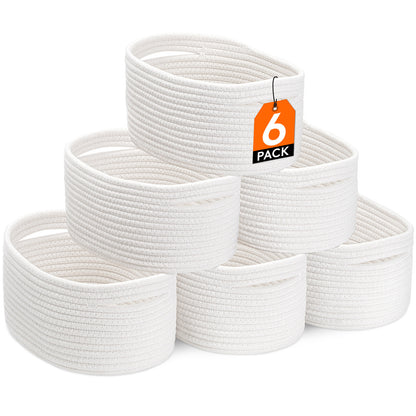 Woven Storage Baskets 6-Pack Cotton Rope Cube Bins 11x7x5" | Handmade Small Shelf Baskets for Organizing Closet Bedroom Living Room Playroom | Round Decorative Storage Caddy Multiple Colors