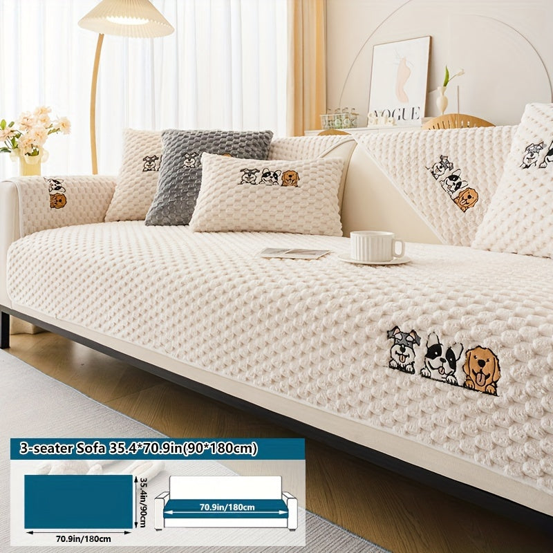 [Pet-Friendly | Velvet] Pet-Friendly Non-Slip 1pc Honeycomb Velvet Sofa Slipcover | Cute Cartoon Dog Embroidery, Bohemian Style Home Decor, Machine Washable Polyester Fabric, Grey, Couch Covers for Sofa
