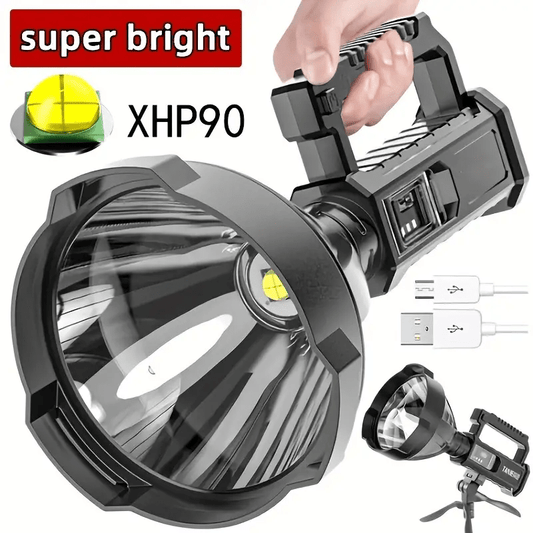 XHP90 High Power LED Flashlight USB Rechargeable Powerful Spotlight Searchlight – 4 Modes, Camping Lantern Torch with Bracket for Fishing Camping Hiking Hunting Outdoor Adventure Patrol