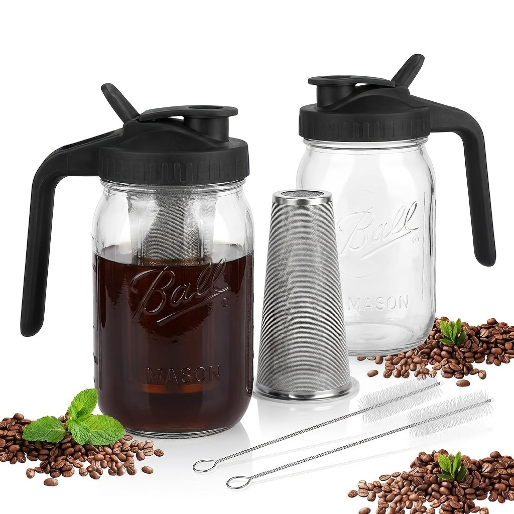 2 Sets Of 64oz Cold Brew Coffee Pots with Filters And Brushes, Household Coffee Pots, Professional Filtering Coffee Pots, 64oz Capacity, Including Stainless Steel Filters, Household Black Mason Cans (2 Sets Of Cans+2 Filters+1 Cleaning Brush)