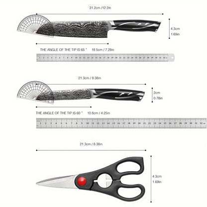7pcs Damascus Pattern Stainless Steel Kitchen Knife Set with Universal Knife Holder -Chef, Fruit, and Safety Knives Included