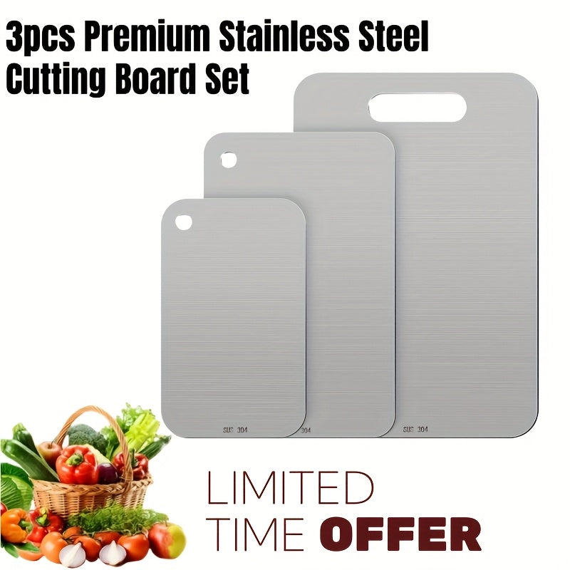 3pcs Premium Stainless Steel Chopping Cutting Board Set- Durable, Dual-Sided Metal Cutting Boards for Kitchen, Easy to Clean, Non-Stick Cutting Board, Space-Saving, Rust-Resistant, BPA-Free, Safe And Portable for Meat, Fruit, Vegetables
