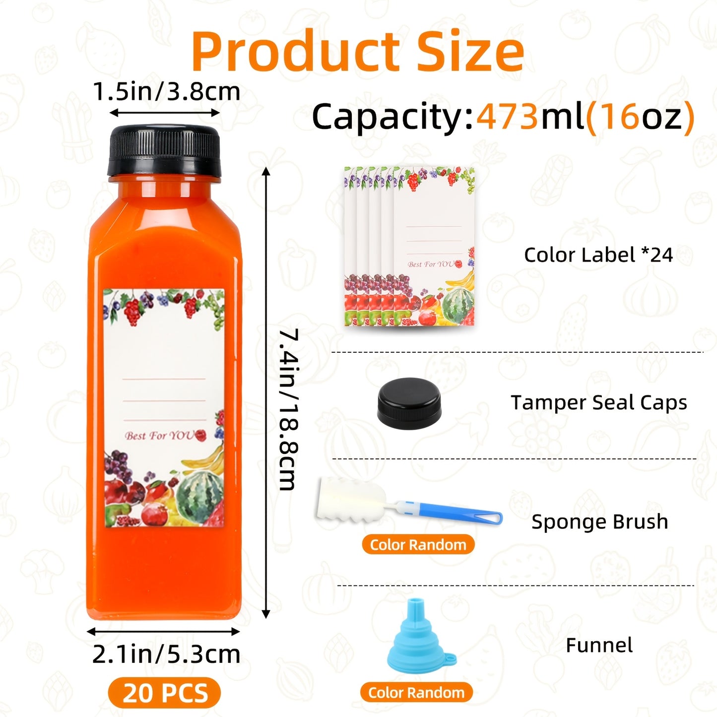 20pcs/36pcs/56pcs/100pcs Juice Bottles, 12/16oz Plastic Bottles With Lids, Reusable Clear Containers For Juice, Smoothies, Cola, Water And Other Beverages, Summer. Funnel & Brush (Color Random).