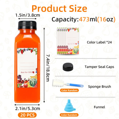20pcs/36pcs/56pcs/100pcs Juice Bottles, 12/16oz Plastic Bottles With Lids, Reusable Clear Containers For Juice, Smoothies, Cola, Water And Other Beverages, Summer. Funnel & Brush (Color Random).