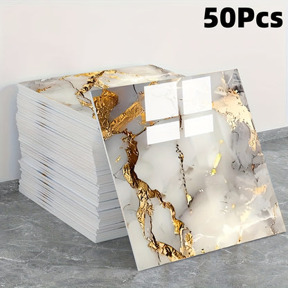 50/100pcs, Glossy Marble Pattern Imitation Tile Self-adhesive Wall Stickers with Texture Peel And Stick Wallpaper, Waterproof Living Room Kitchen Background Wall Stickers, Bathroom Home Wall Stickers, Not High Temperature Resistance