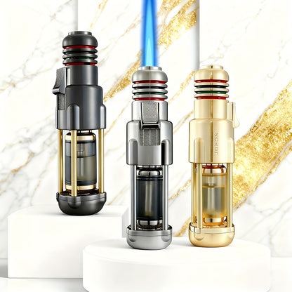 Windproof Jet Flame Lighter – Zinc Alloy Refillable Butane Torch Lighter with Visible Fuel Tank, Adjustable Blue Flame, Rocket Design, for Camping, BBQ & Outdoor Use (No Butane Included)