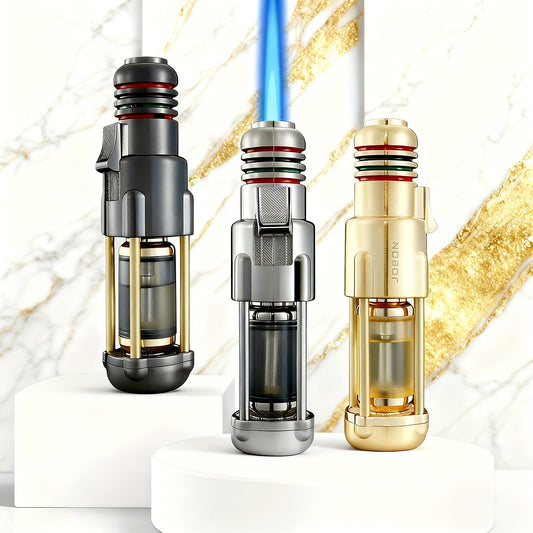 Windproof Jet Flame Lighter – Zinc Alloy Refillable Butane Torch Lighter with Visible Fuel Tank, Adjustable Blue Flame, Rocket Design, for Camping, BBQ & Outdoor Use (No Butane Included)