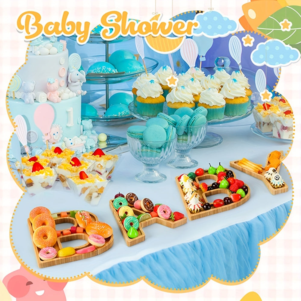 4pcs Baby Shower Wooden Charcuterie Letter Boxes Set BABY Shaped Letter Serving Tray Board Dish Decorative Platter for Snack Food Cake Cookies for Gender Reveal Birthday Party