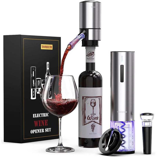 Tomeem Rechargeable Electric Wine Gift Set - Aerator, Vacuum Stoppers, Foil Cutter and Bottle Opener for Home Bar and Outdoor Parties, Stainless Steel