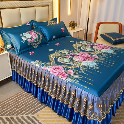 3pcs Double Layer Ruffle Bed Skirt Style Cool Mat Three Piece Set with Pillowcase Washable High Weight 360° Full Wrap