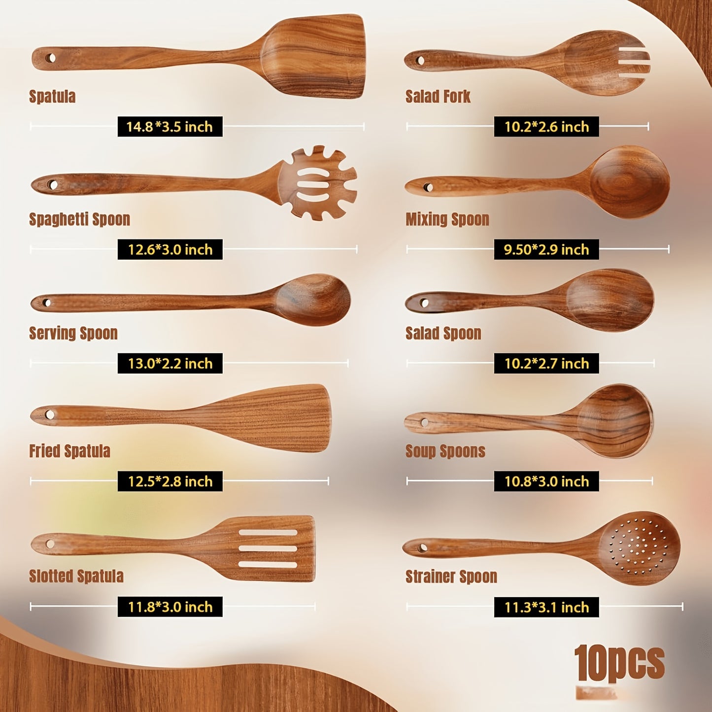10pcs Premium Wooden Kitchen Utensil Set - Non-Stick Cookware Set, Ergonomic Handle, Natural Wooden Spoon, Spoon, Spoon And Nonstick Spoon, Heat-resistant, Easy to Clean, Kitchen Essentials