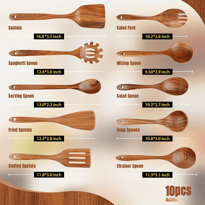 10pcs Premium Wooden Kitchen Utensil Set - Non-Stick Cookware Set, Ergonomic Handle, Natural Wooden Spoon, Spoon, Spoon And Nonstick Spoon, Heat-resistant, Easy to Clean, Kitchen Essentials