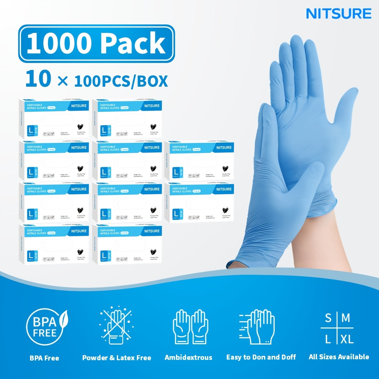 1000/501/201/101pcs Pack, Blue Nitrile Disposable Gloves, 5.5mil Thickness, Elastic Fit, Chemical-resistant, -free, Designed for Maintenance Teams, Suitable for Household Cleaning, Tattooing, Painting, Car Washing, Etc