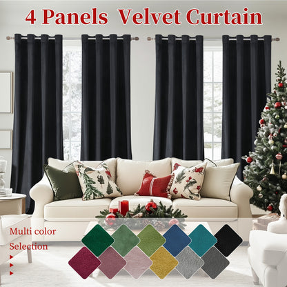 4pcs Luxury Velvet Blackout Curtains - Thermal Insulation & Noise Reduction, Soft Drapes for Living Room and Bedroom Decor, Grommet Top, Christmas Decoration