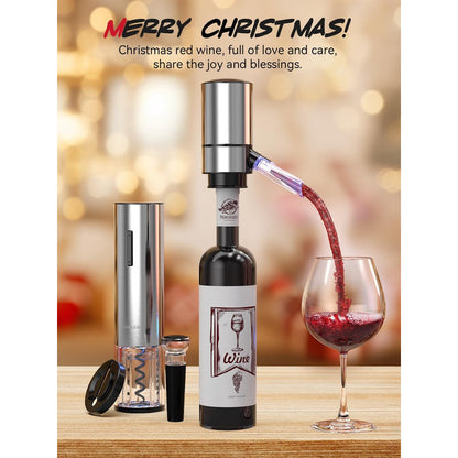 Tomeem Rechargeable Electric Wine Gift Set - Aerator, Vacuum Stoppers, Foil Cutter and Bottle Opener for Home Bar and Outdoor Parties, Stainless Steel