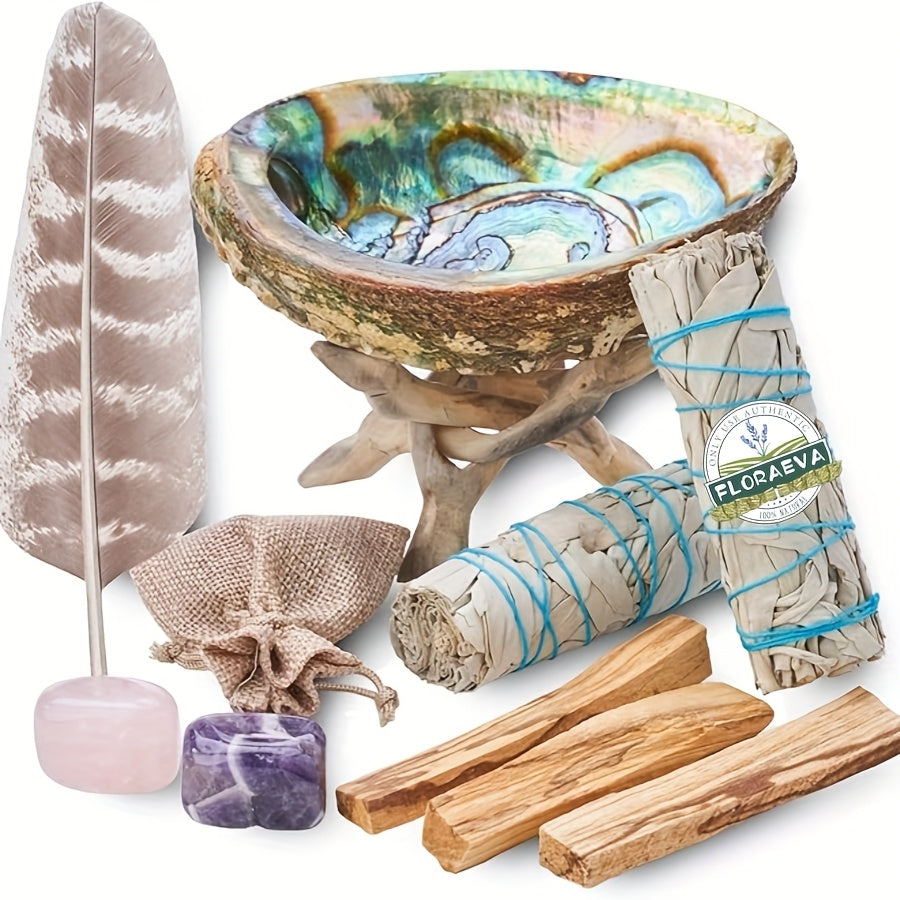 Floraeva Home Cleansing Set with White Sage, Holy Wood, Abalone Shell | Incense Feathers, Crystal Stone & Sage Sticks | for Protection, Positive Energy, Home Office Decor | Holiday Gift