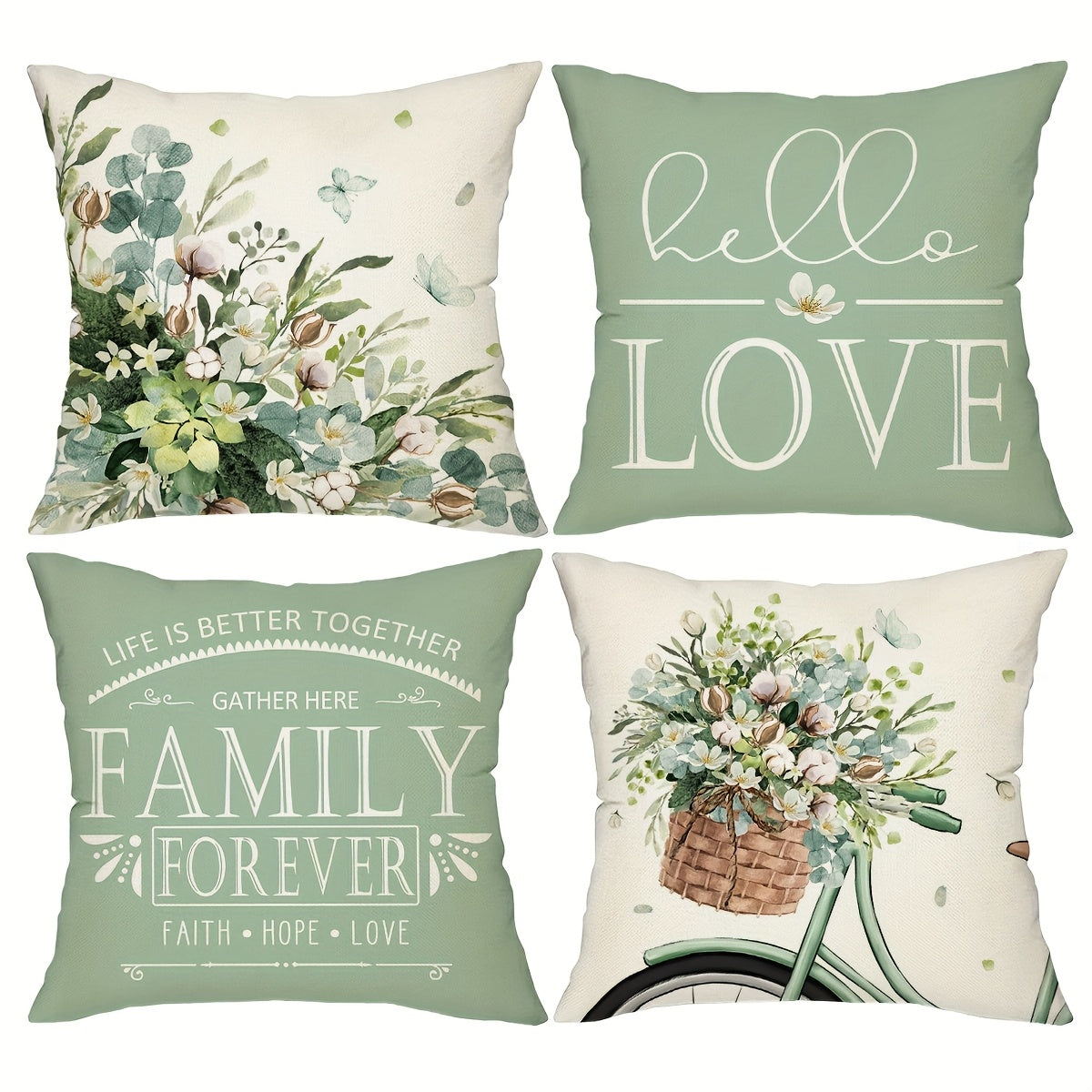 4pcs, Farmhouse Eucalyptus Leaves Throw Pillow Covers, Floral And Bicycle Spring Summer Seasonal Decor Cushion Covers, 18in*18in, Cozy Rustic Holiday Decor Pillowcases, For Porch Patio Couch Sofa Living Room Outdoor, Without Pillow Inserts
