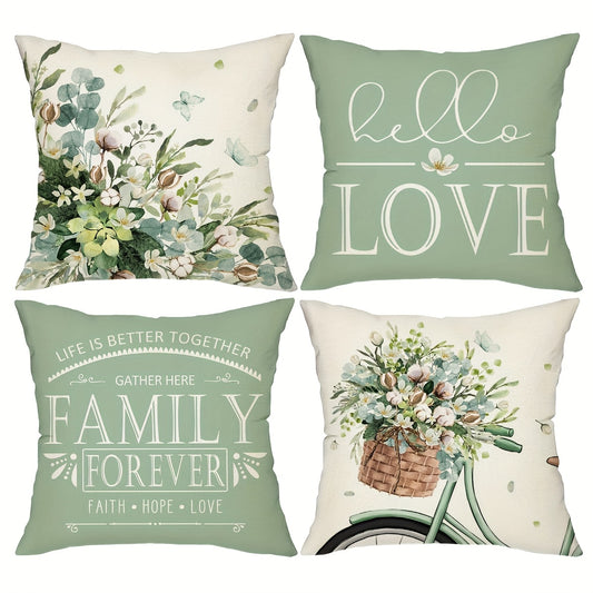 Farmhouse Eucalyptus Leaves Throw Pillow Covers 4 Pack Floral Bicycle Spring Summer Seasonal Decor Cushion Covers 18x18 Inch Rustic Holiday Pillowcases for Sofa Couch Porch Patio Living Room Outdoor