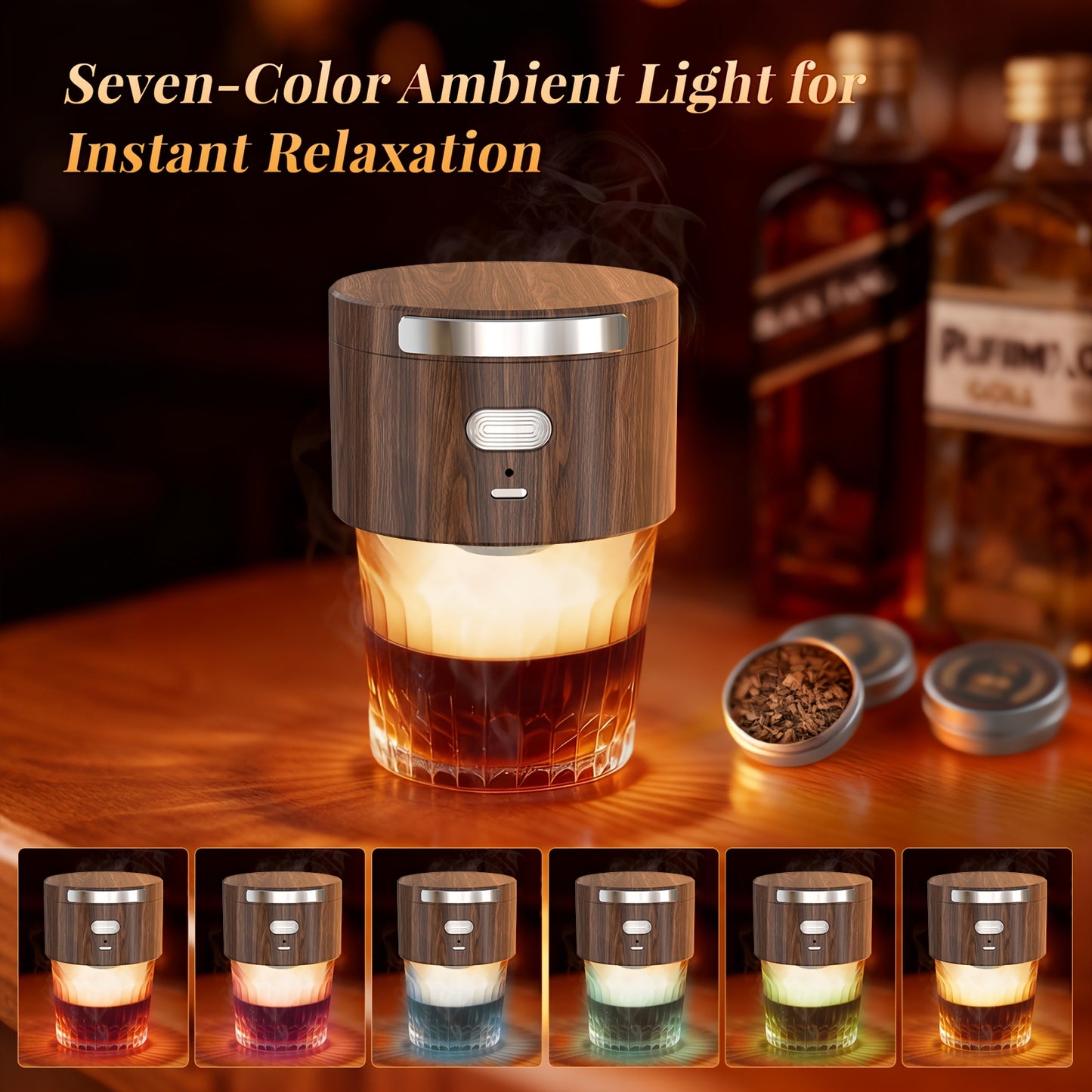 Electric Whiskey & Cocktail Smoker Kit with Built-In Lighter & 6 Wood Chips - - Portable Smoker, No Butane Required, for Whiskey Tumblers/Wine Glasses - Ideal Gift for Men, Dad, Husband (-Rechargeable, Flame-Free