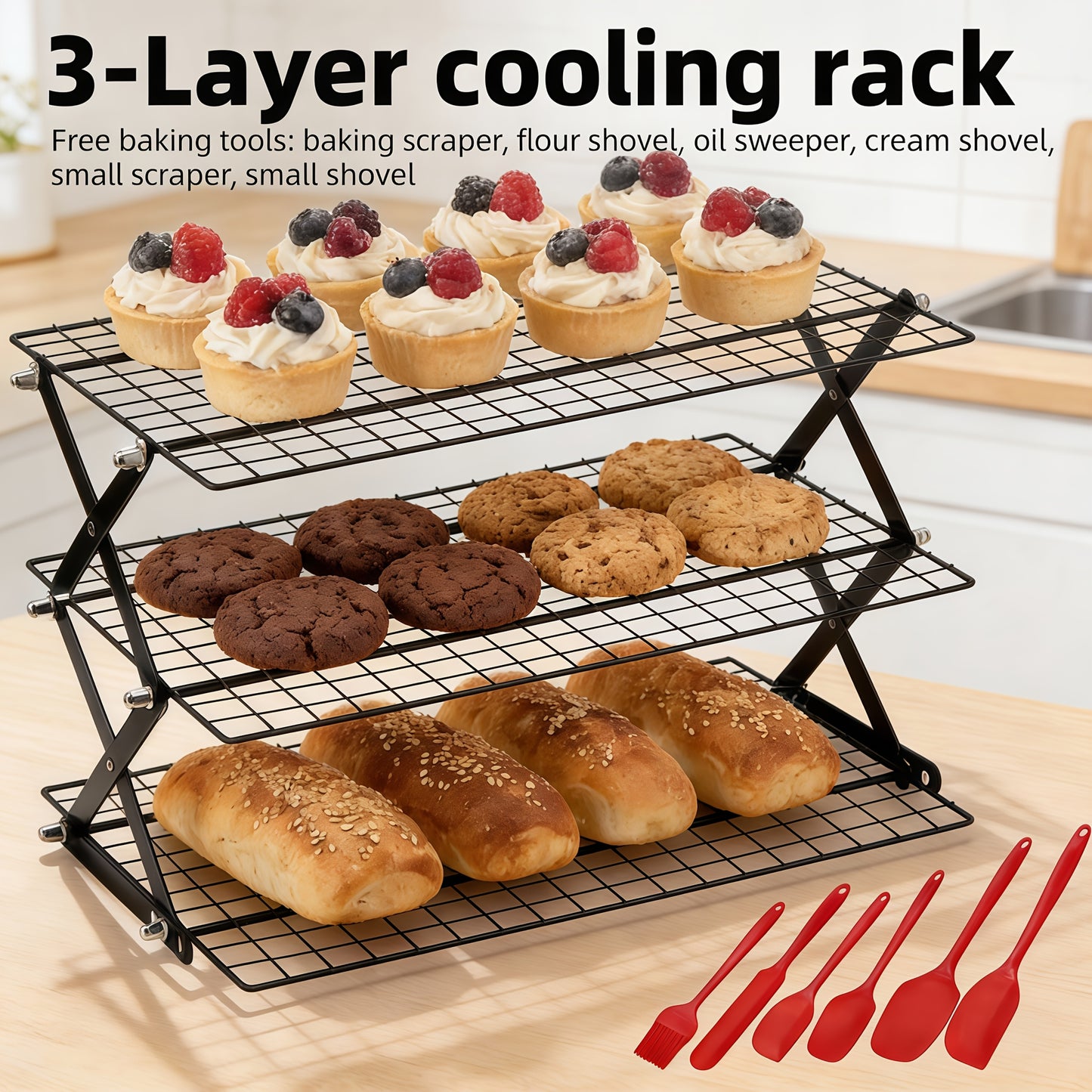 Foldable Cooling Rack, 3/4/5 Foldable Cooling Racks Free Baking Tool Set - Stackable Oven Cookie Cake Drying Rack. Used For Camping, Kitchen Storage And Holiday Baking Gifts (including Silicone Shovels, Egg Beaters, Pliers, Smear Brushes.