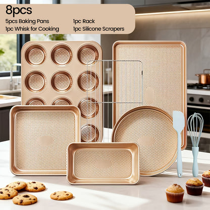 2/6/7/8/12/16/18pcs Non-Stick Baking Pan Set for Kitchen Oven, Baking Set with Round/Square Cake Pans, Bread Bags, Muffin Cups, Pizza Pan, Bread Scraper, Whisk, Spatula, Wire Rack, Measuring Spoon, Muffin Pan, Bread Pan, Baking Sheet, Cookie Sheet