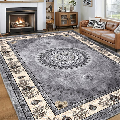 Bohemian Persian Velvet Area Rug Non-Slip Machine Washable – Vintage Floral Paisley Pattern 1000g/m² 100% Polyester Carpet for Living Room & Bedroom – 6 Sizes, High-Traffic Durable