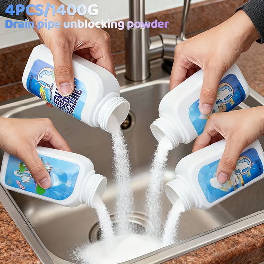 Drain Pipe Unblocking Powder 4pcs 1400g - Fast Clog Remover for Kitchen & Bathroom, Dissolves Hair Grease Paper, Eliminates Odors